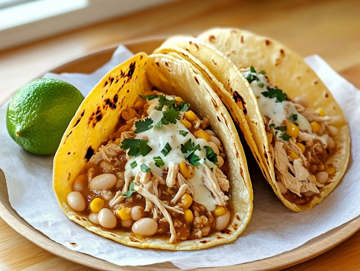 Perfectly cooked Corn Tortilla White Chicken Chili Tacos served and ready to eat - final result