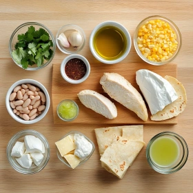 Step-by-step preparation of Corn Tortilla White Chicken Chili Tacos showing ingredients and initial cooking steps