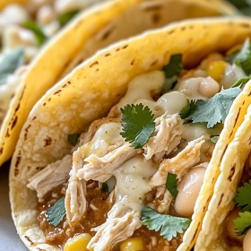 Close-up of Corn Tortilla White Chicken Chili Tacos showing texture, layers, and glossy finish