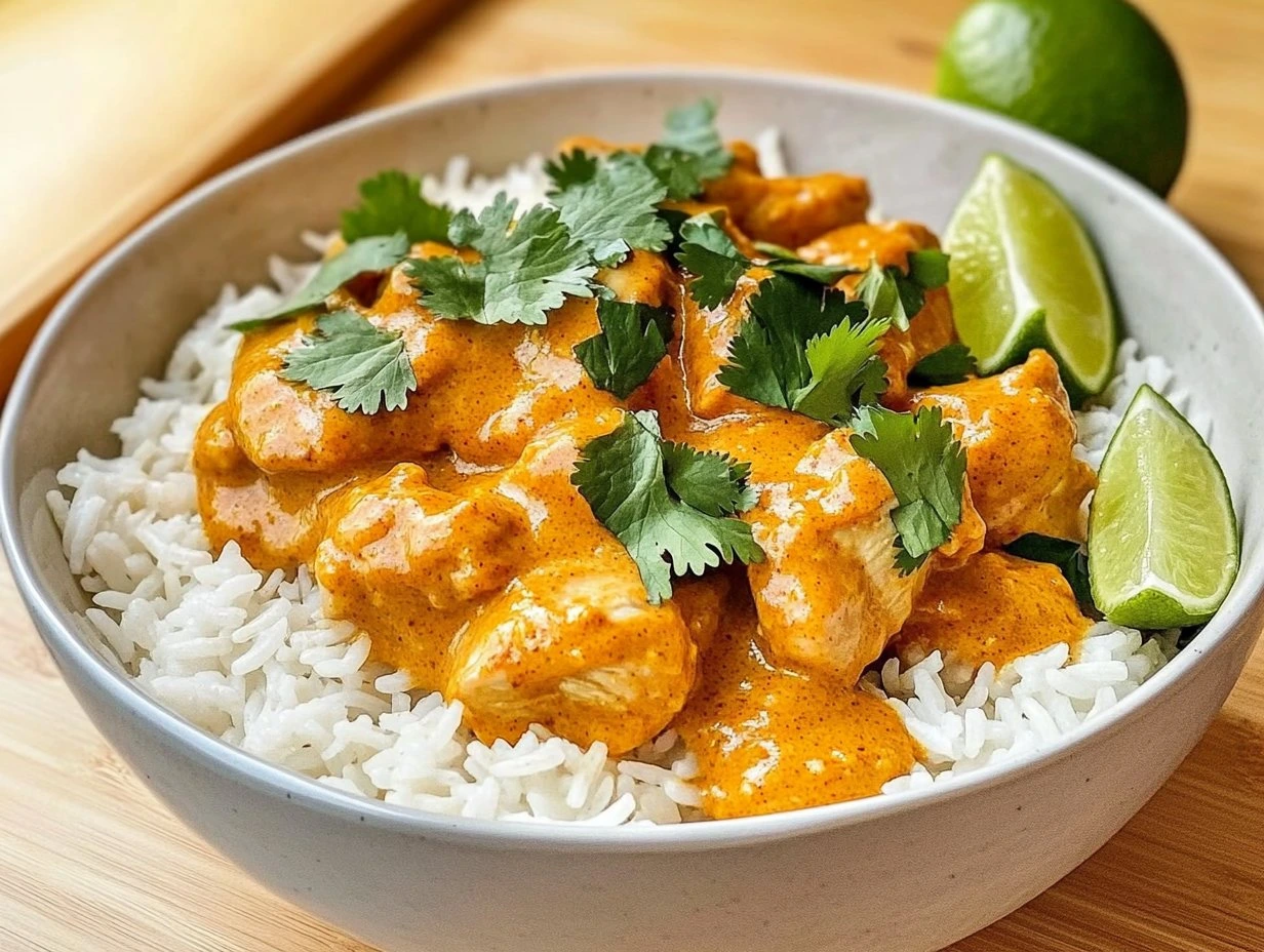 Perfectly cooked Creamy Coconut Chicken Rice Bowl served and ready to eat - final result