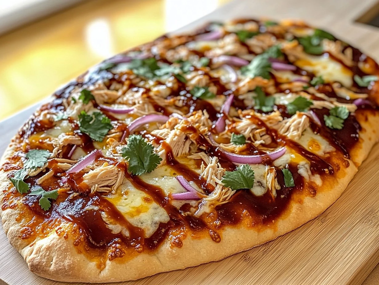 Perfectly cooked BBQ Chicken Flatbread Pizza served and ready to eat - final result
