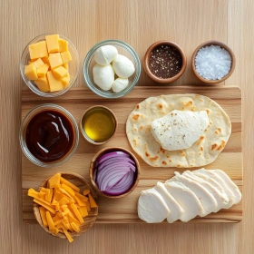Step-by-step preparation of BBQ Chicken Flatbread Pizza showing ingredients and initial cooking steps