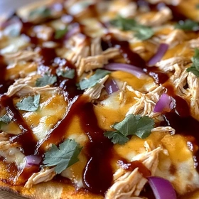 Close-up of BBQ Chicken Flatbread Pizza showing texture, layers, and glossy finish