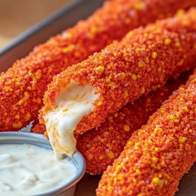 Close-up of Hot Cheeto Mozzarella Sticks showing texture, layers, and glossy finish