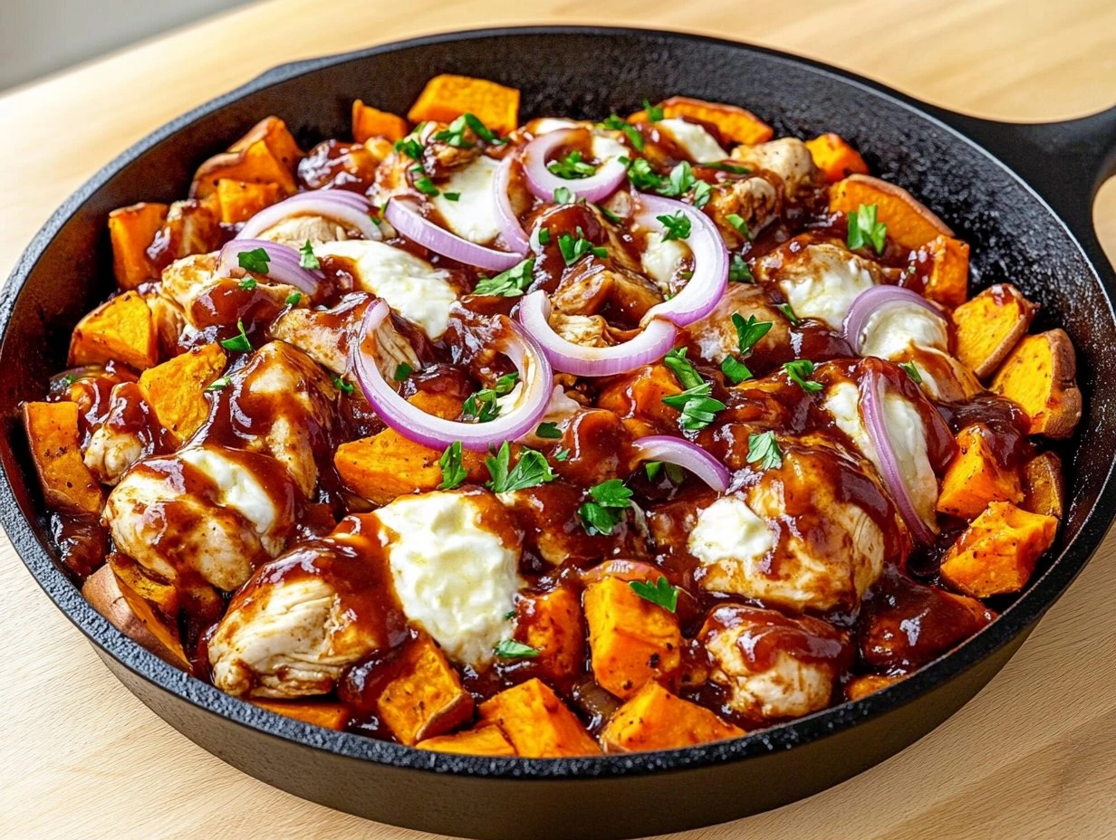 Perfectly cooked Smoky BBQ Chicken Sweet Potato Skillet served and ready to eat - final result