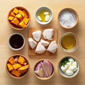 Step-by-step preparation of Smoky BBQ Chicken Sweet Potato Skillet showing ingredients and initial cooking steps