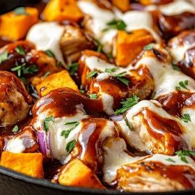 Close-up of Smoky BBQ Chicken Sweet Potato Skillet showing texture, layers, and glossy finish