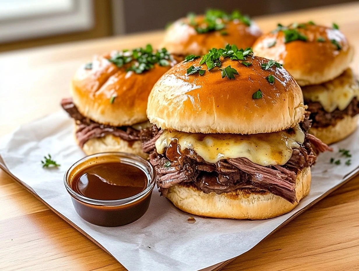 Perfectly cooked Savory French Dip Sliders served and ready to eat - final result