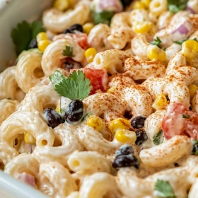 Close-up of Mexican Macaroni Salad showing texture, layers, and glossy finish