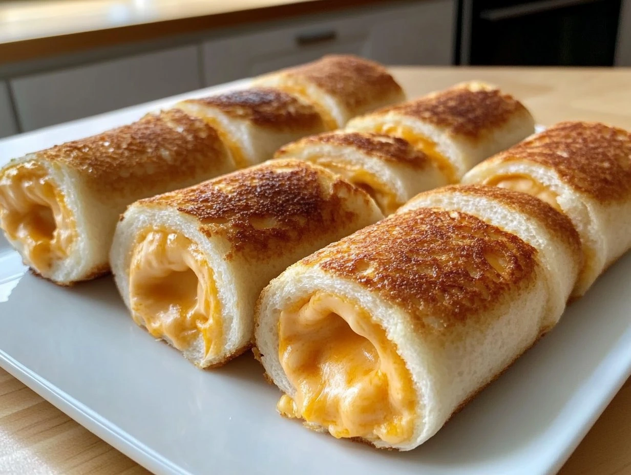 Perfectly cooked Crispy Grilled Cheese Roll Ups served and ready to eat - final result