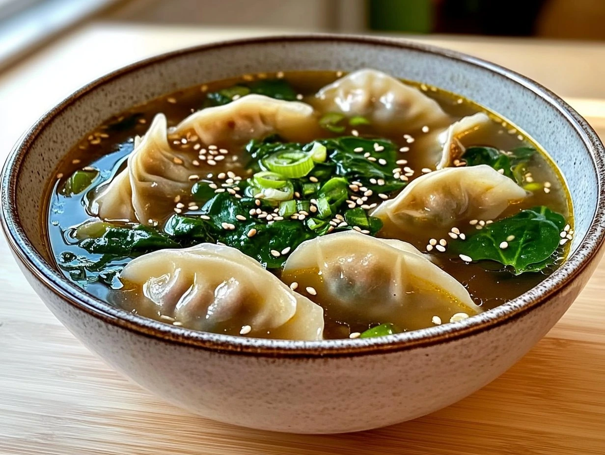 Perfectly cooked Cozy Potsticker Soup served and ready to eat - final result