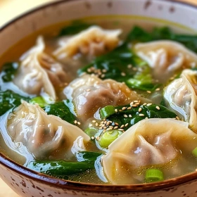 Close-up of Cozy Potsticker Soup showing texture, layers, and glossy finish