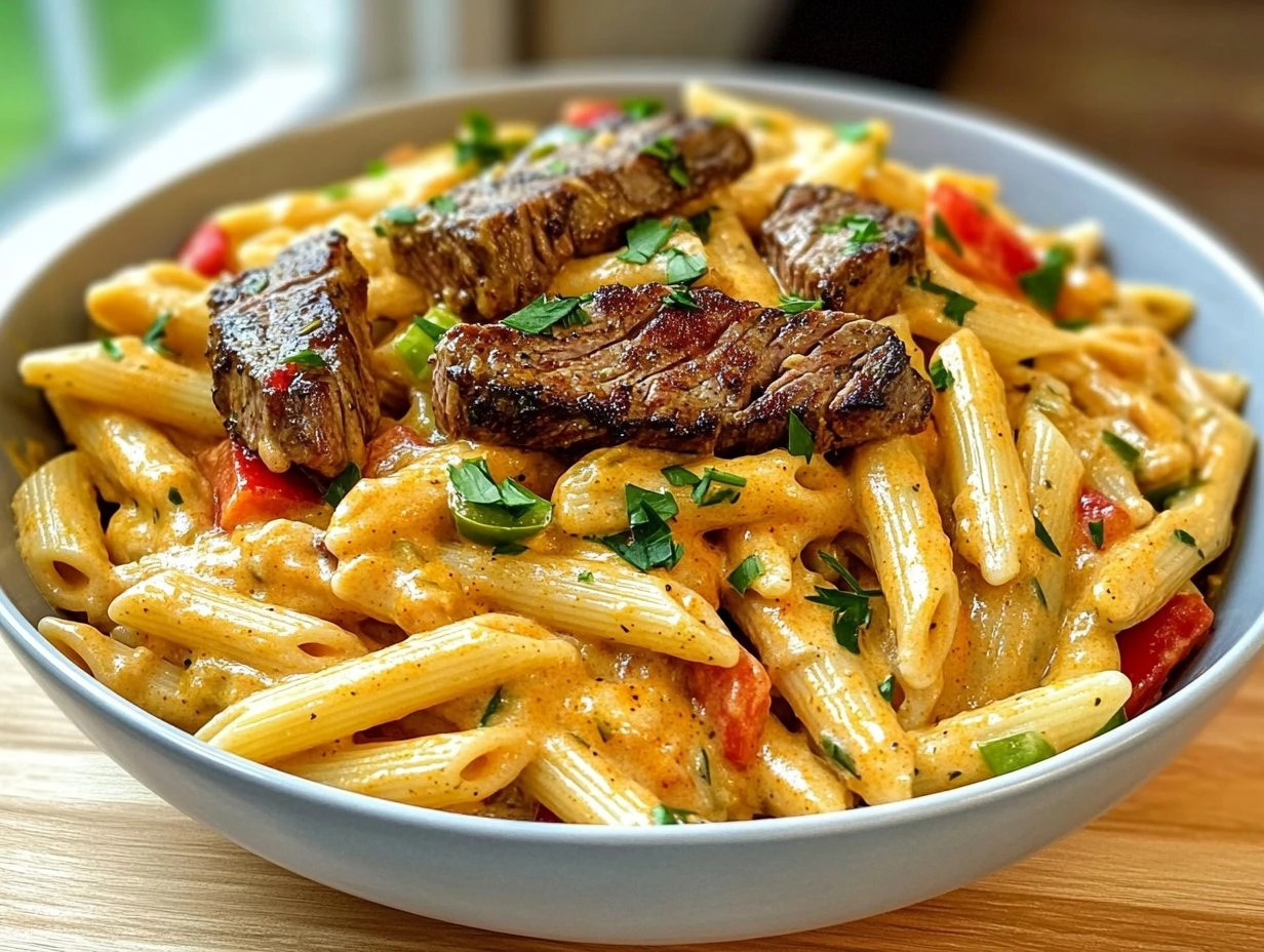 Perfectly cooked One-Skillet Cajun Steak Pasta served and ready to eat - final result