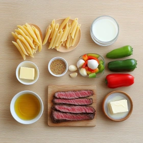 Step-by-step preparation of One-Skillet Cajun Steak Pasta showing ingredients and initial cooking steps