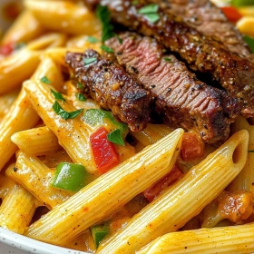 Close-up of One-Skillet Cajun Steak Pasta showing texture, layers, and glossy finish