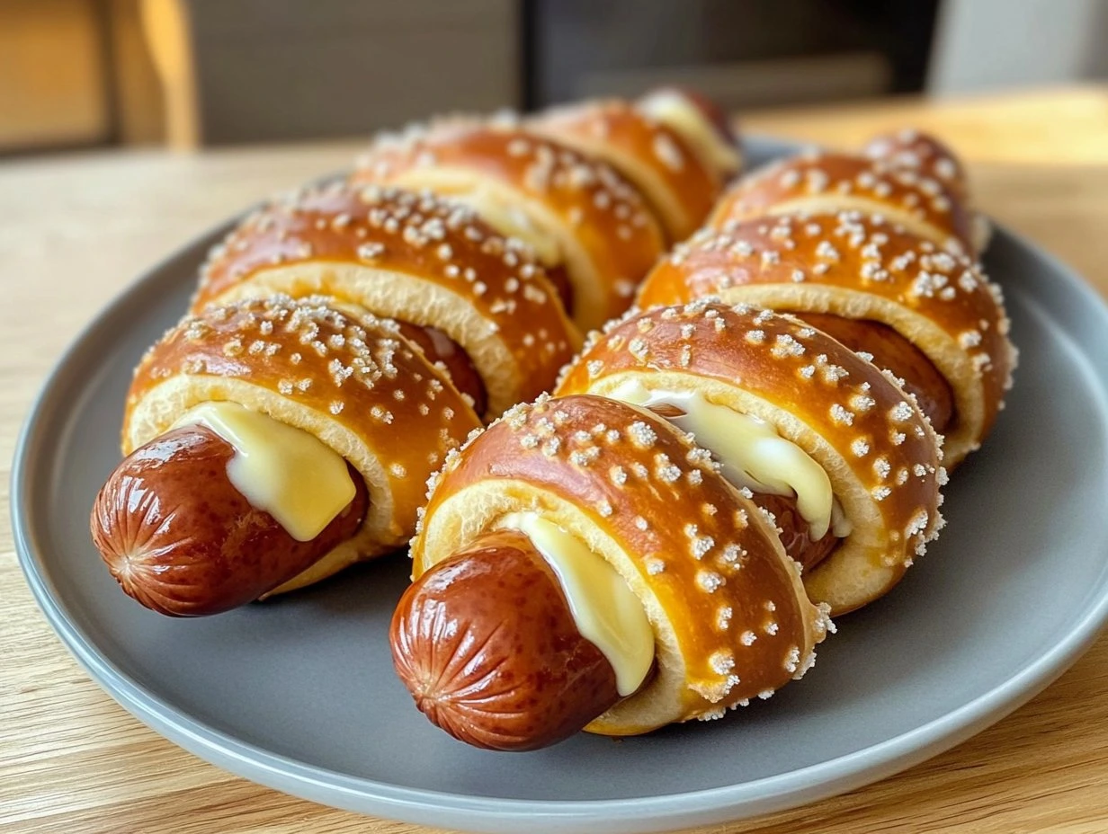 Perfectly cooked Soft Baked Cheesy Pretzel Dogs served and ready to eat - final result