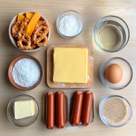 Step-by-step preparation of Soft Baked Cheesy Pretzel Dogs showing ingredients and initial cooking steps