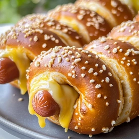 Close-up of Soft Baked Cheesy Pretzel Dogs showing texture, layers, and glossy finish