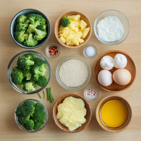 Step-by-step preparation of Baked Broccoli Cheese Balls showing ingredients and initial cooking steps