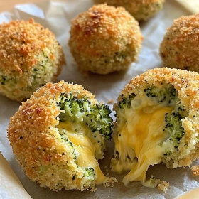 Close-up of Baked Broccoli Cheese Balls showing texture, layers, and glossy finish