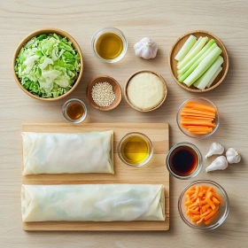 Step-by-step preparation of Golden Brown Egg Rolls showing ingredients and initial cooking steps