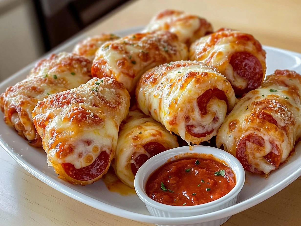 Perfectly cooked Cheesy Pepperoni Pizza Roll Ups served and ready to eat - final result