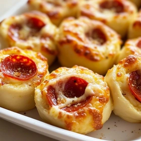 Close-up of Cheesy Pepperoni Pizza Roll Ups showing texture, layers, and glossy finish