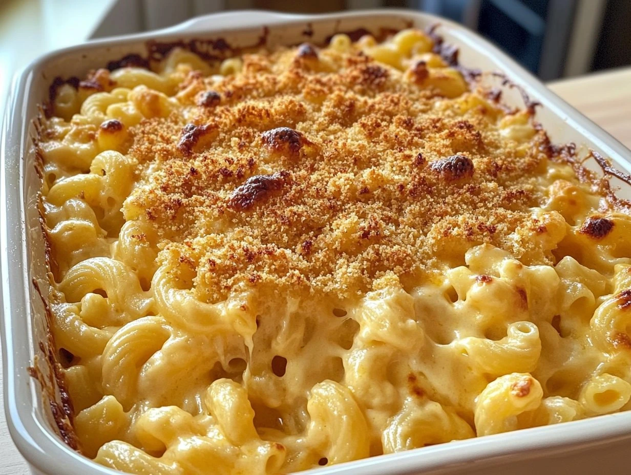 Perfectly cooked Gourmet Baked Mac and Cheese served and ready to eat - final result