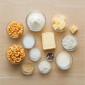 Step-by-step preparation of Gourmet Baked Mac and Cheese showing ingredients and initial cooking steps