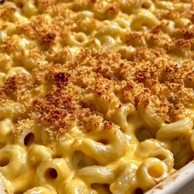 Close-up of Gourmet Baked Mac and Cheese showing texture, layers, and glossy finish