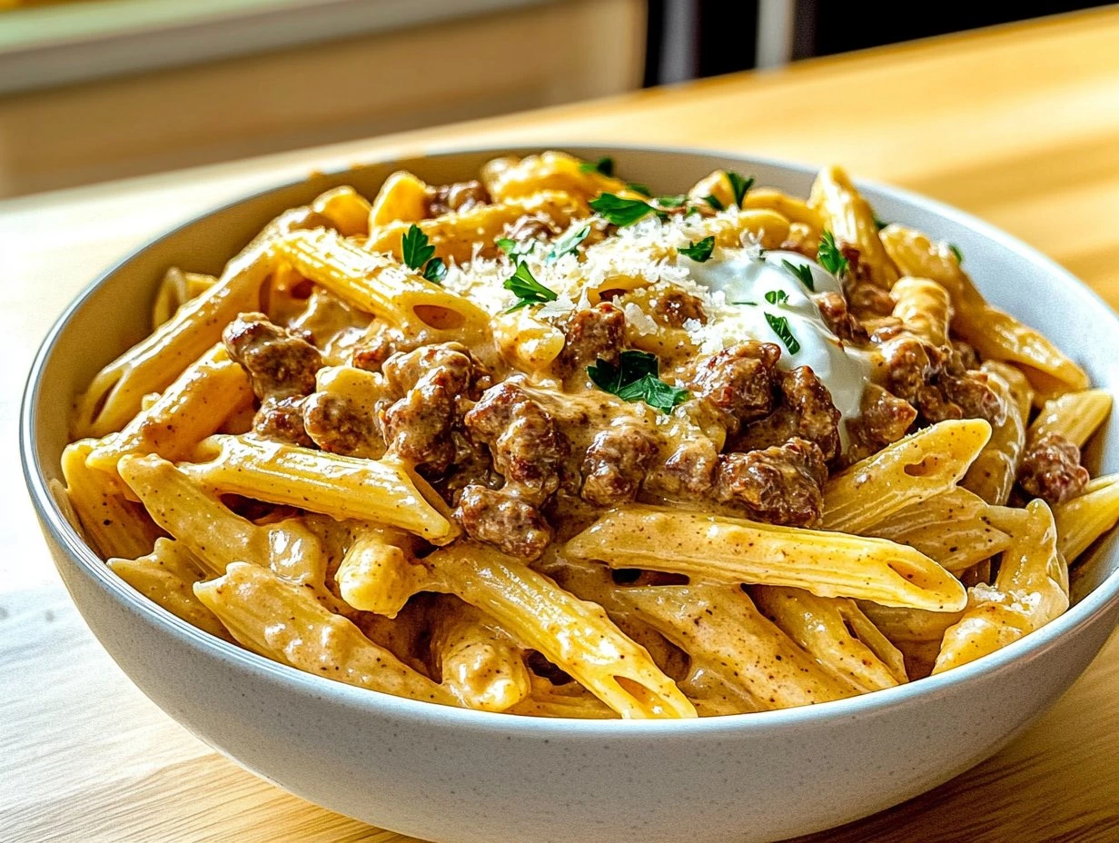 Perfectly cooked Creamy High Protein Beef Pasta served and ready to eat - final result