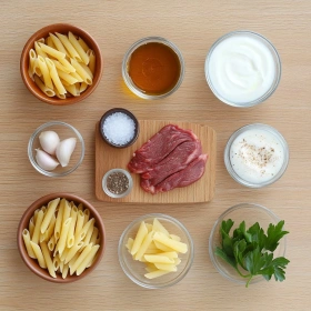 Step-by-step preparation of Creamy High Protein Beef Pasta showing ingredients and initial cooking steps