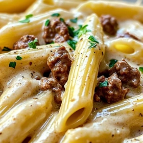 Close-up of Creamy High Protein Beef Pasta showing texture, layers, and glossy finish