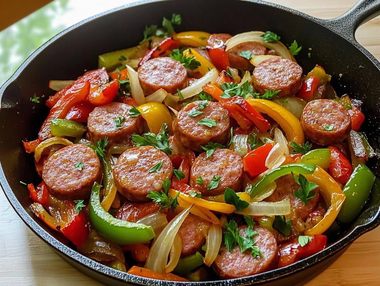 Perfectly cooked Easy Sausage and Peppers Skillet served and ready to eat - final result