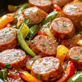 Close-up of Easy Sausage and Peppers Skillet showing texture, layers, and glossy finish