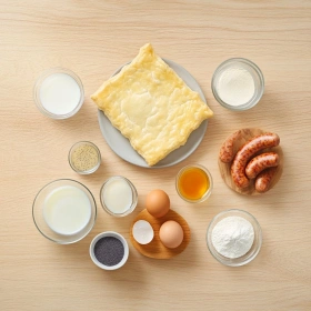 Step-by-step preparation of Puff Pastry Sausage Bites showing ingredients and initial cooking steps