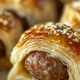 Close-up of Puff Pastry Sausage Bites showing texture, layers, and glossy finish
