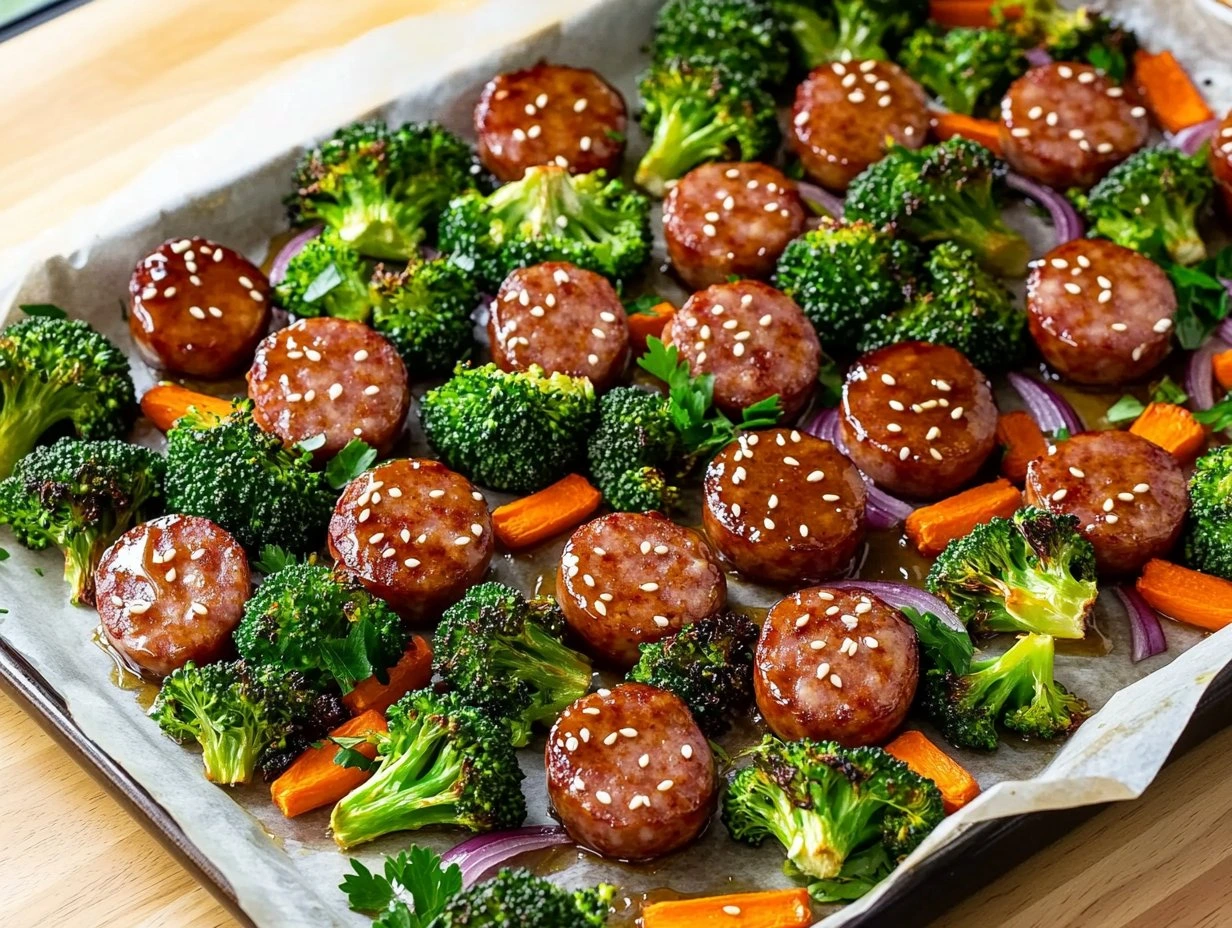 Perfectly cooked Easy Honey Garlic Sausage Sheet Pan Dinner served and ready to eat - final result