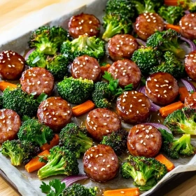 Easy Honey Garlic Sausage Sheet Pan Dinner recipe