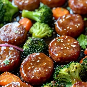 Close-up of Easy Honey Garlic Sausage Sheet Pan Dinner showing texture, layers, and glossy finish