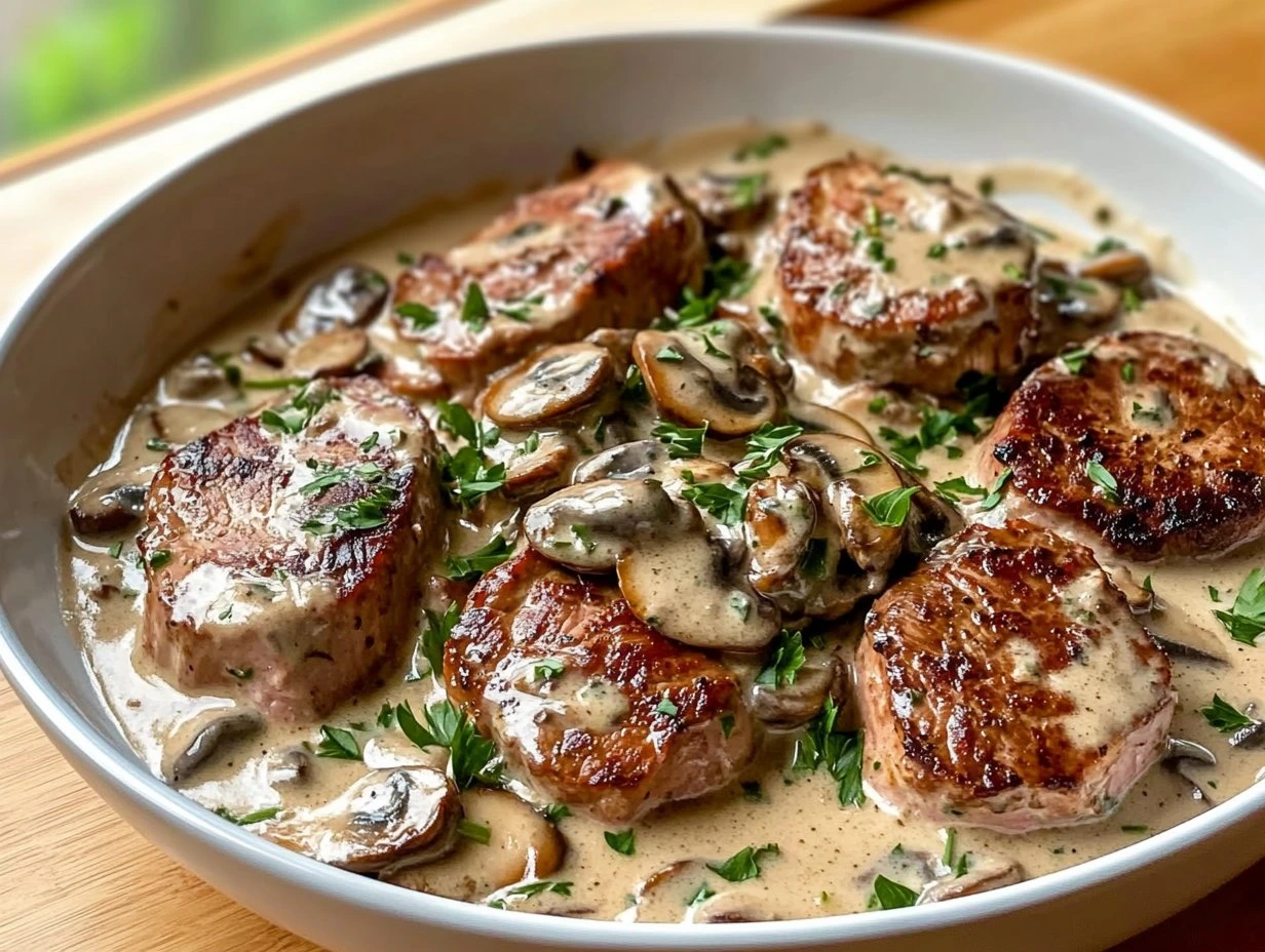 Perfectly cooked Creamy Mushroom Pork Tenderloin served and ready to eat - final result
