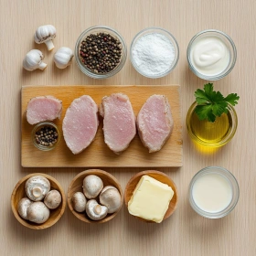 Step-by-step preparation of Creamy Mushroom Pork Tenderloin showing ingredients and initial cooking steps