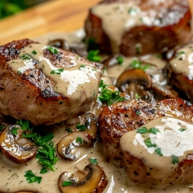 Close-up of Creamy Mushroom Pork Tenderloin showing texture, layers, and glossy finish