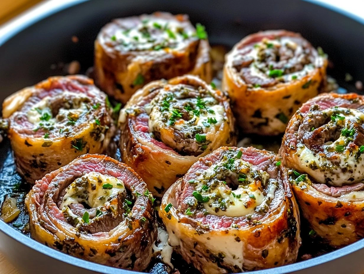 Perfectly cooked Garlic Herb Steak Pinwheels served and ready to eat - final result