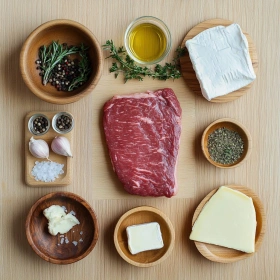 Step-by-step preparation of Garlic Herb Steak Pinwheels showing ingredients and initial cooking steps