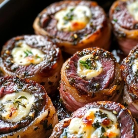 Close-up of Garlic Herb Steak Pinwheels showing texture, layers, and glossy finish