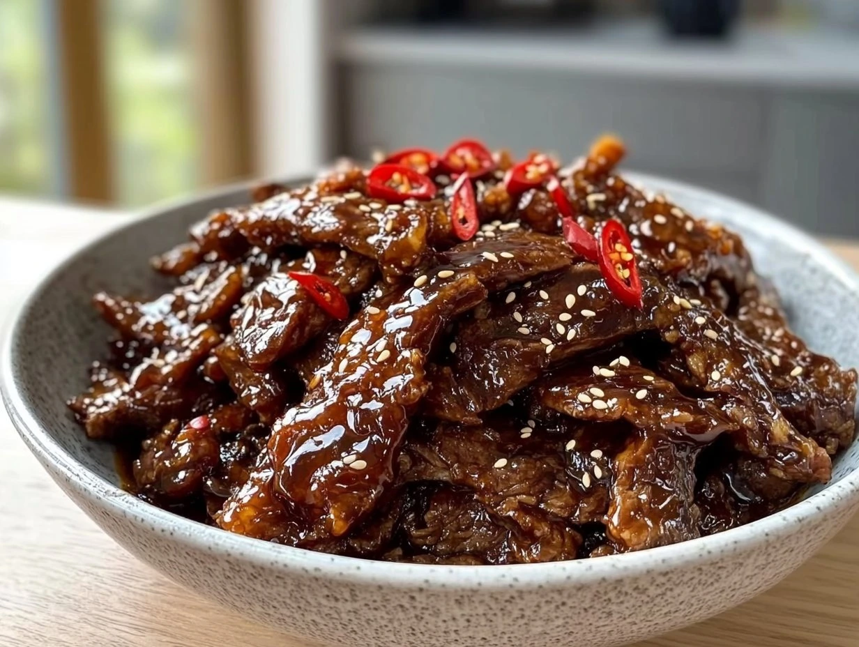 Perfectly cooked Crispy Chilli Beef with Sticky Glaze served and ready to eat - final result