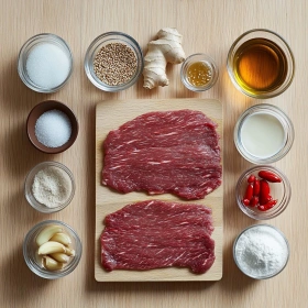 Step-by-step preparation of Crispy Chilli Beef with Sticky Glaze showing ingredients and initial cooking steps