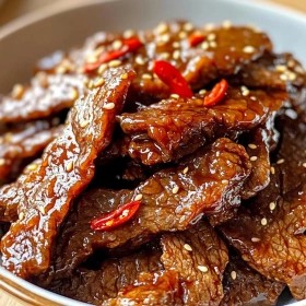 Close-up of Crispy Chilli Beef with Sticky Glaze showing texture, layers, and glossy finish