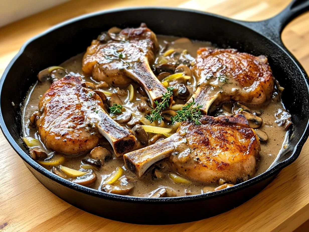 Perfectly cooked Smothered Pork Chops with Mushroom Gravy served and ready to eat - final result